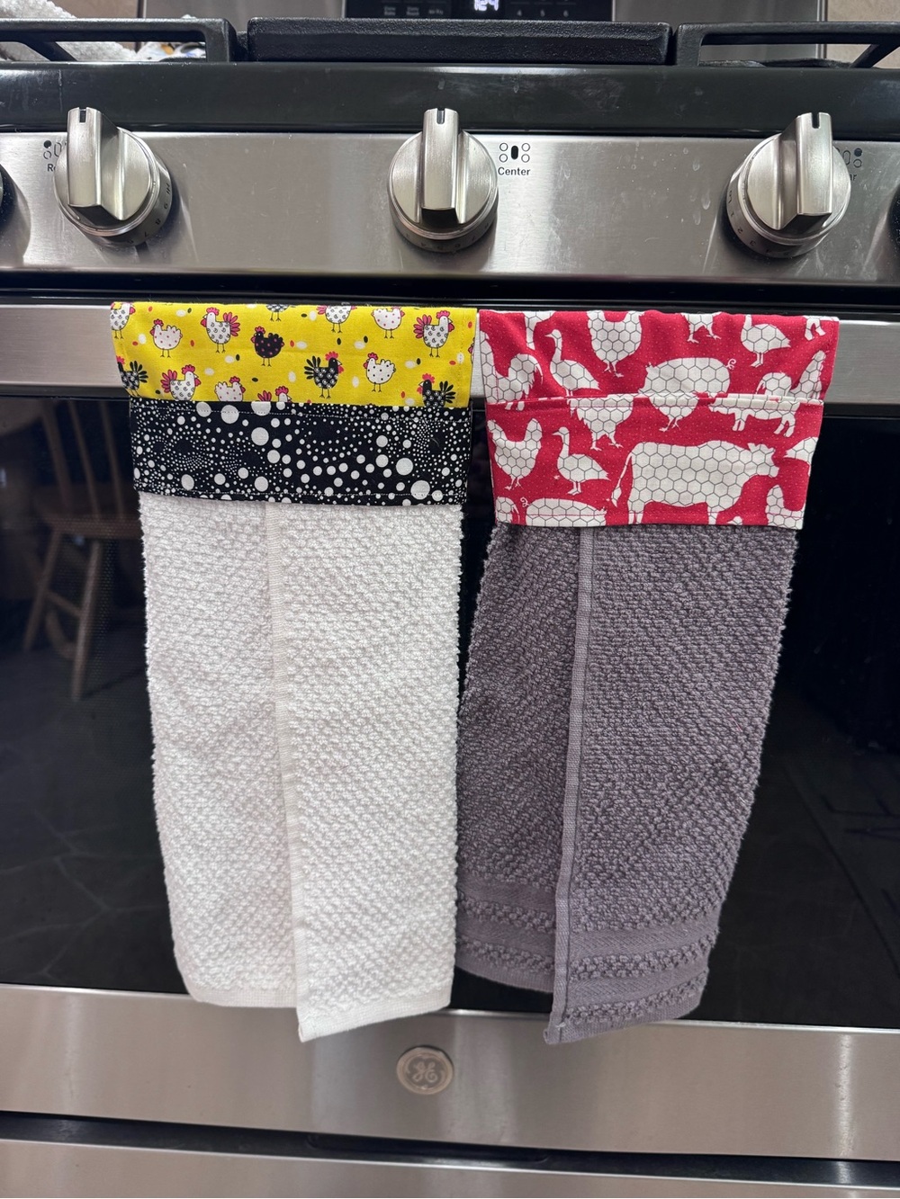 Brand New Set of Two Hanging Kitchen Towels with Chicken Print Tops